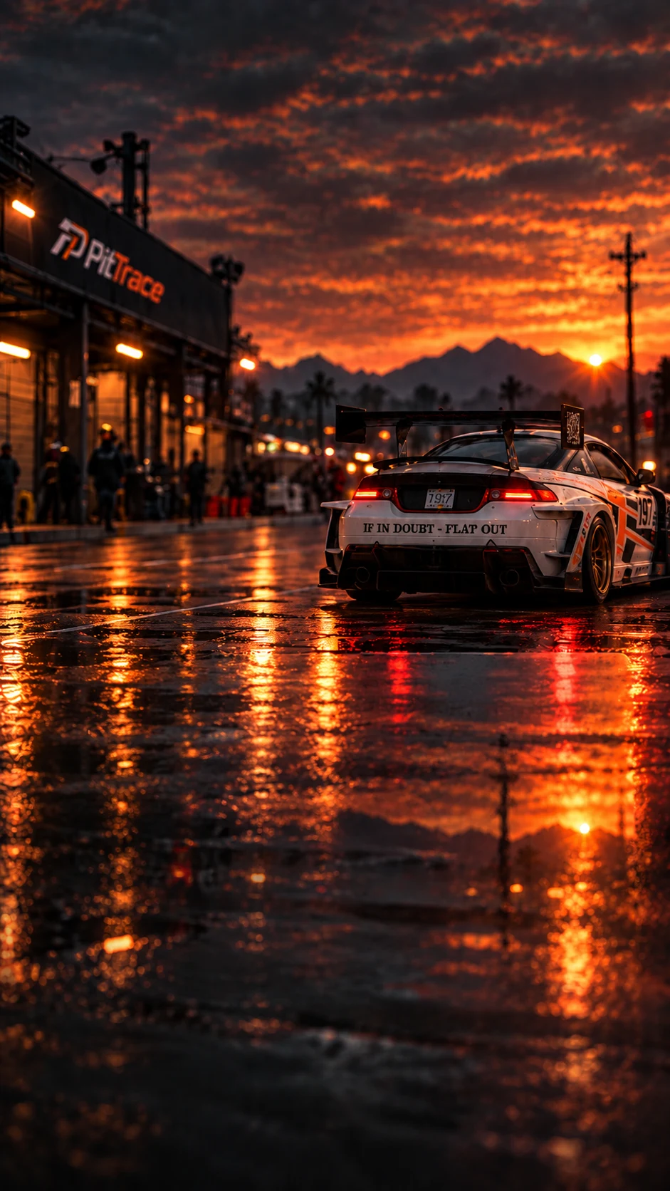 Approved PitTrace Car artwork: a race car in the paddock at sunset